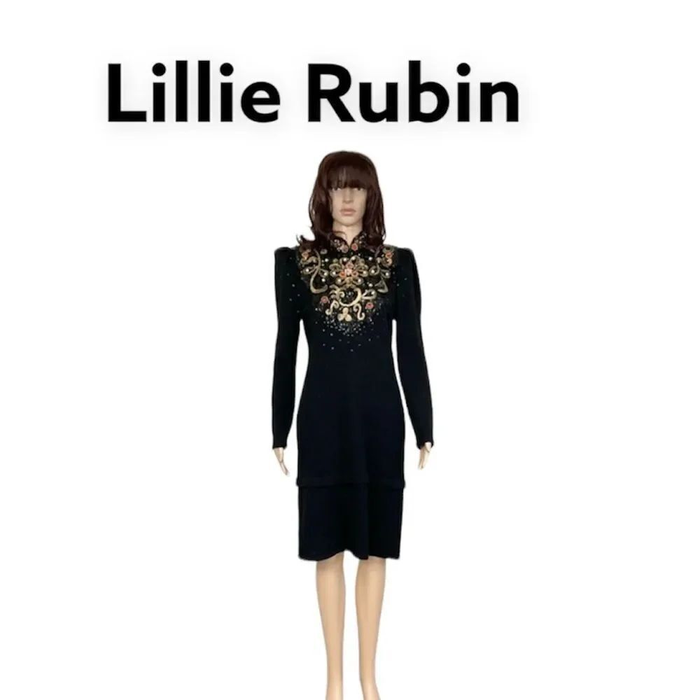 Vintage Lillie Rubin Black Gold Sequin Embellished Puff Sleeves Midi Dress S